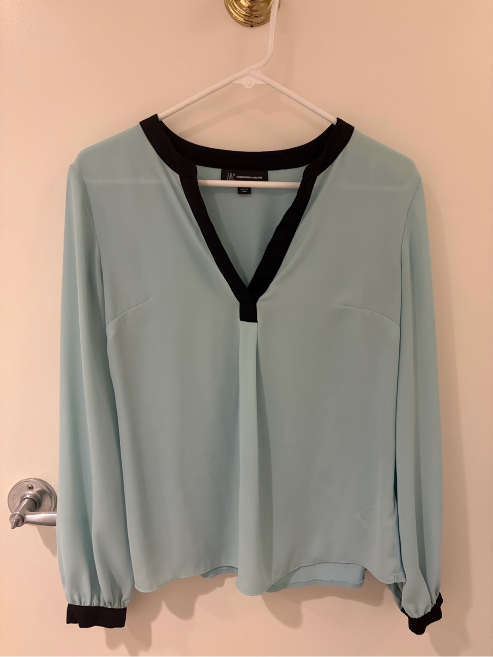 INC International Concepts Light Blue Blouse with Black Trim